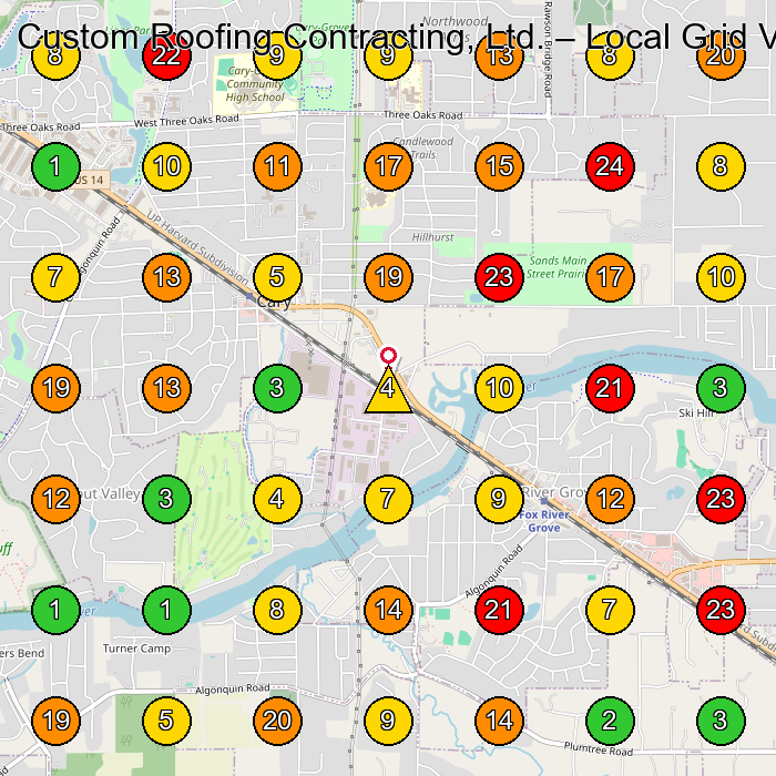 Custom Roofing Contracting, Ltd. Roofing Contractor GeoGrid ranking map for Cary IL